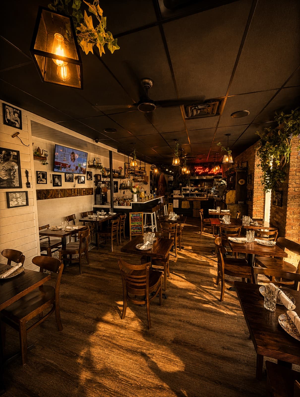 Tony & Luigi's dining room glowing at golden hour