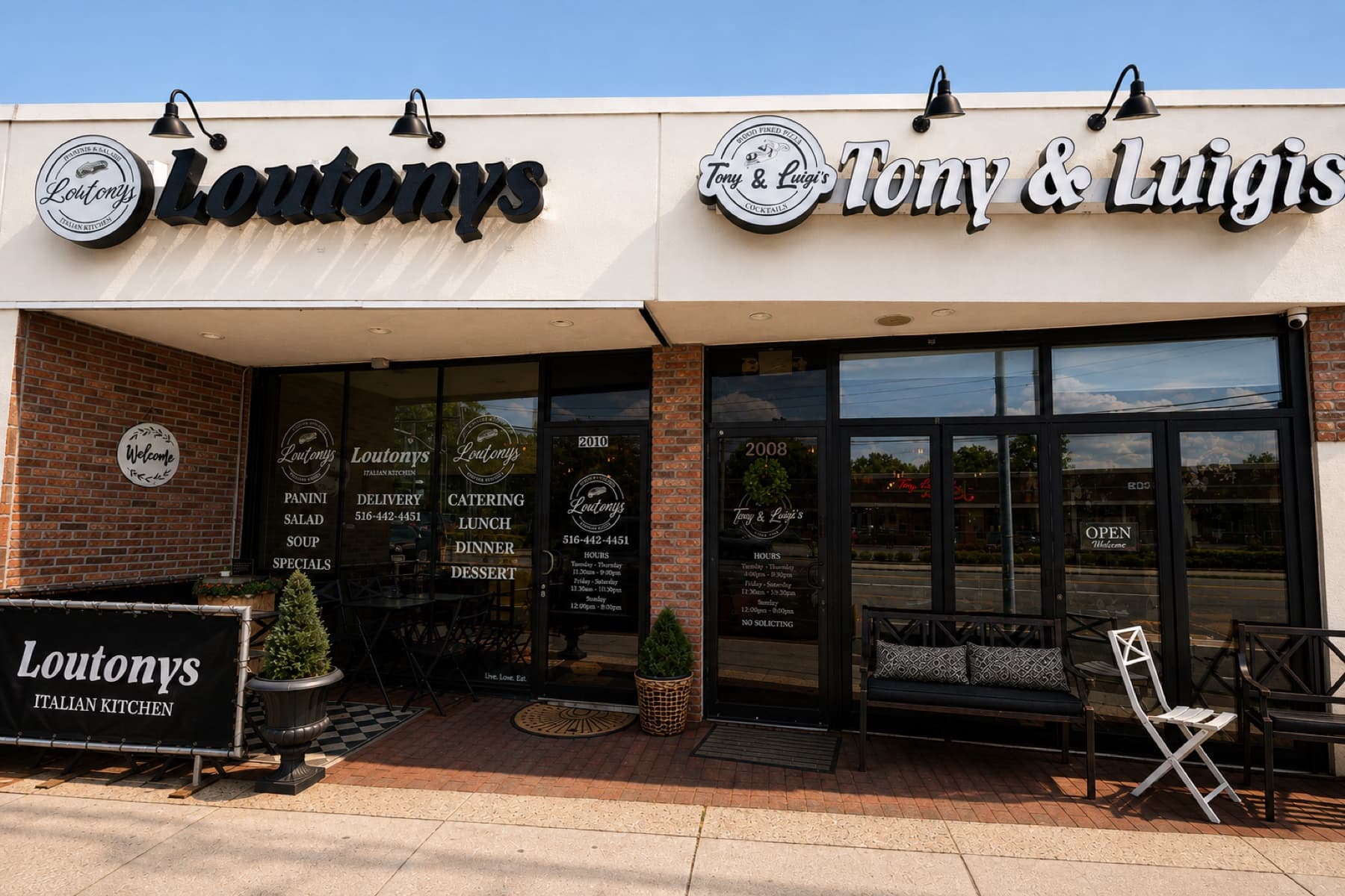 Storefronts of Loutonys and Tony & Luigi's on Merrick Road