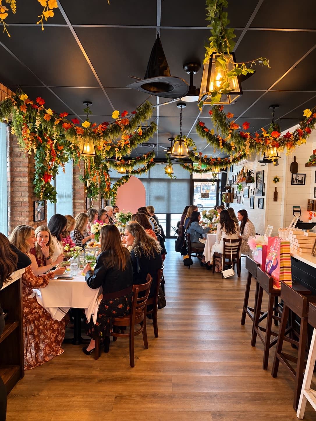 Private party under autumn garlands and lanterns