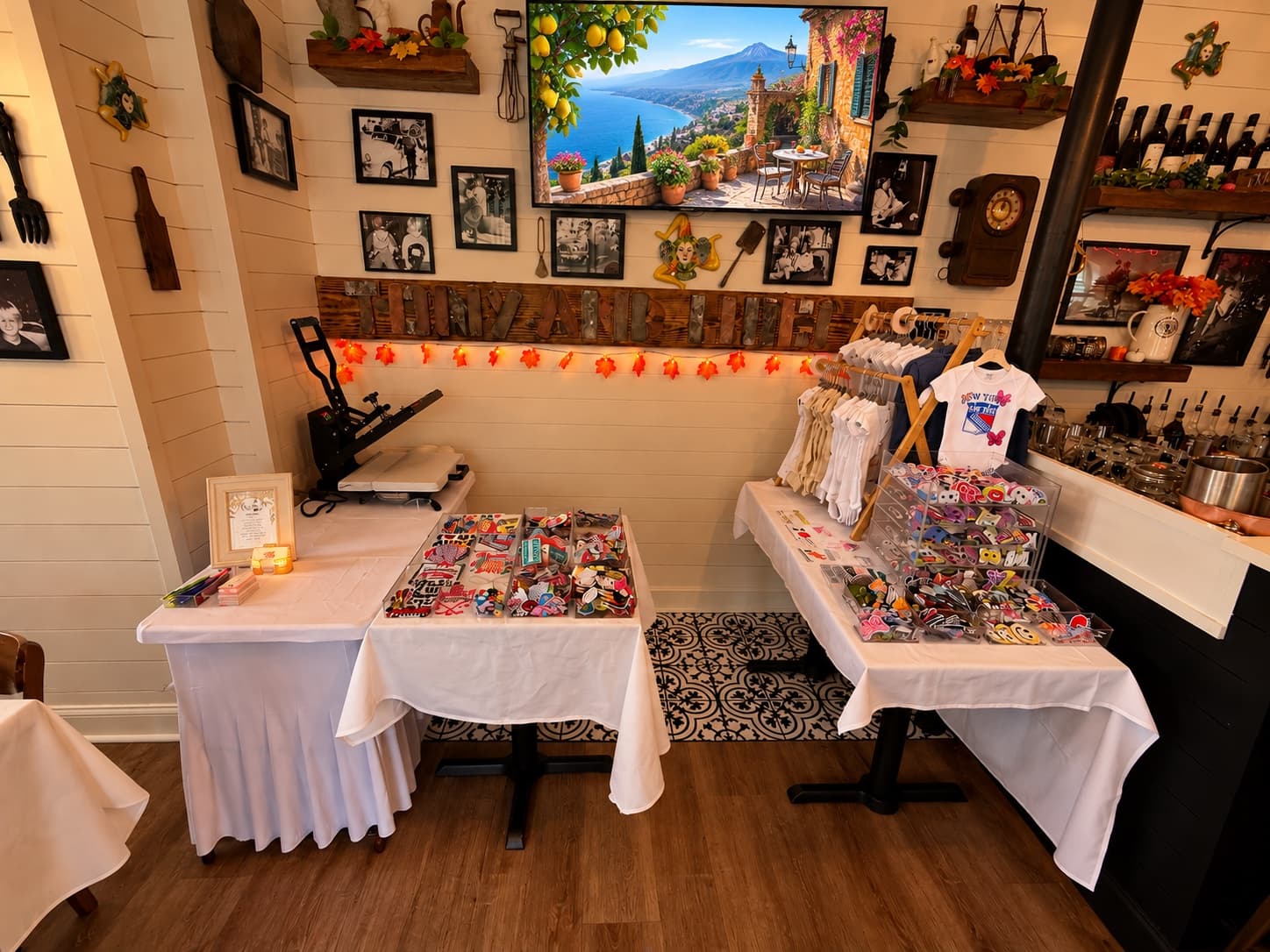 Custom shirt and patch craft station set up for a party